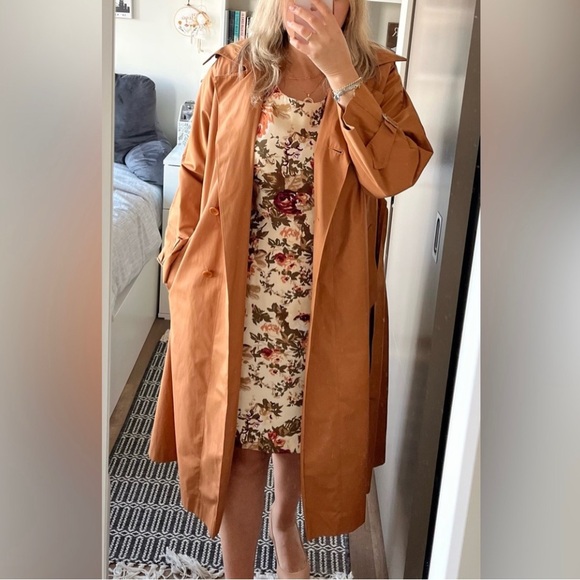 Vintage 70s Single Breasted Trench Brown modest Cotagecore Coat Sz S - Picture 3 of 13